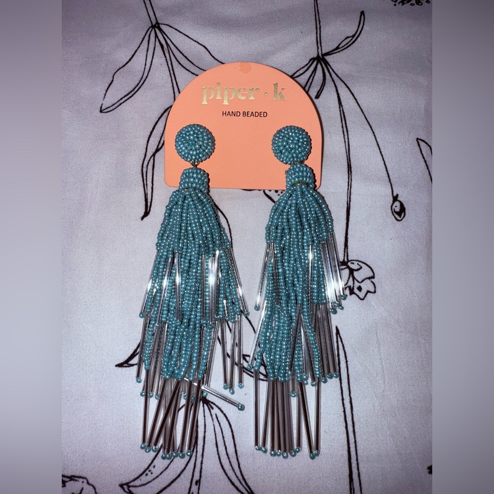 Piper k Turquoise Hand Beaded Tassel Earrings